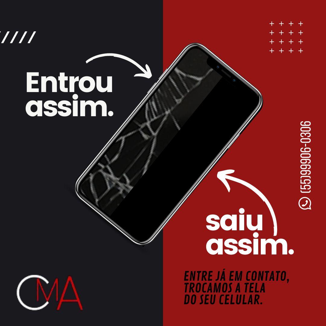 propaganda de um iphone com tela quebrada e no lado com a tela nova